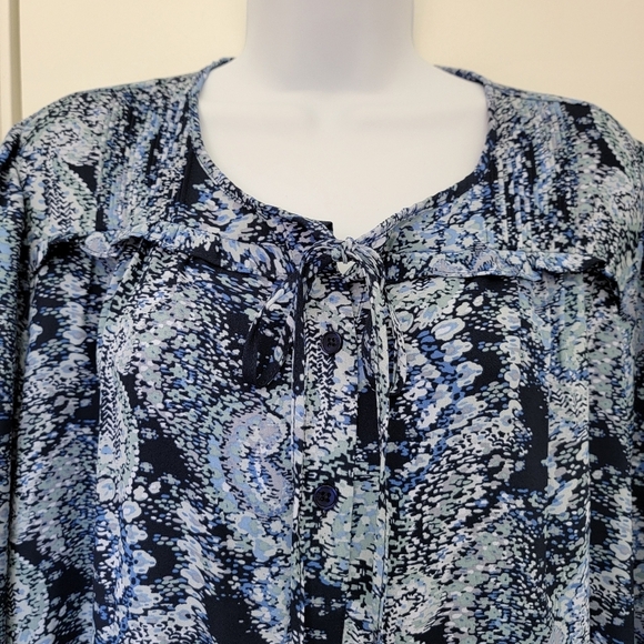 Joie Blue Parisian Paisley Long Sleeve Blouse Front Tie Tassles Size Large - Picture 2 of 12